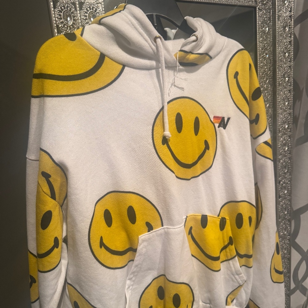 New Aviator Nation White Hoodie with Yellow Smiley Faces,Women’s Size XS